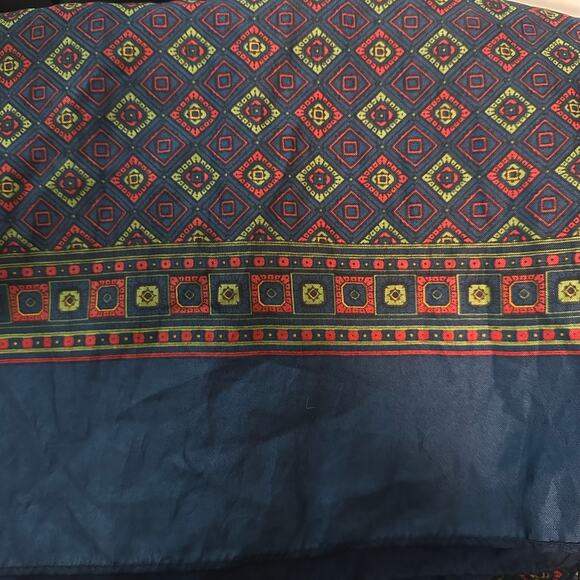 Vtg Silk Scarf 27 x 78 oversized tag missing Golden Brown Blue Geometric Dark - Picture 3 of 7